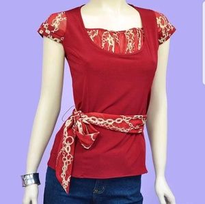 Red Blouse Top Short Sleeves w/ Matching Sash